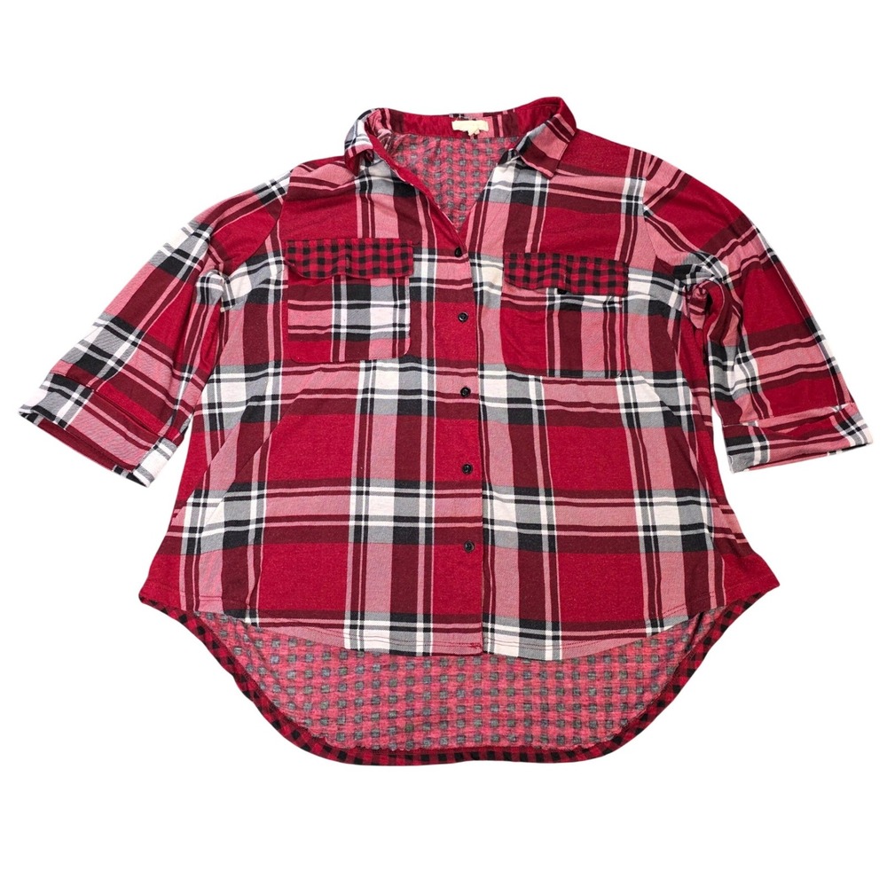 Paper + Tee Button Up Shirt Womens Size 3X Red Plaid Buffalo Check High Low Hem